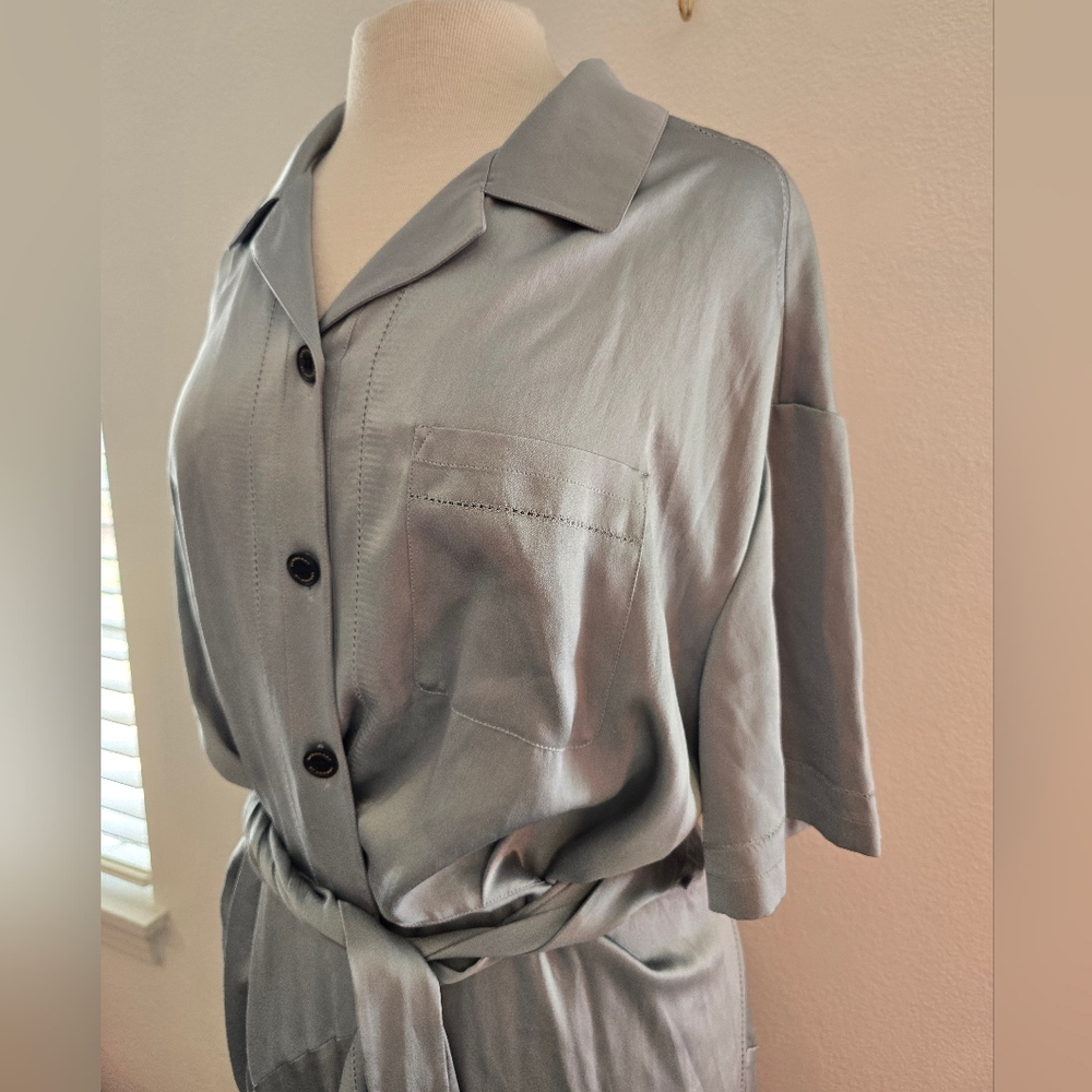 Burberry NEW Emily Mineral Blue 100% SILK Satin Tie Waist Shirt Dress Size 10 - Picture 8 of 16